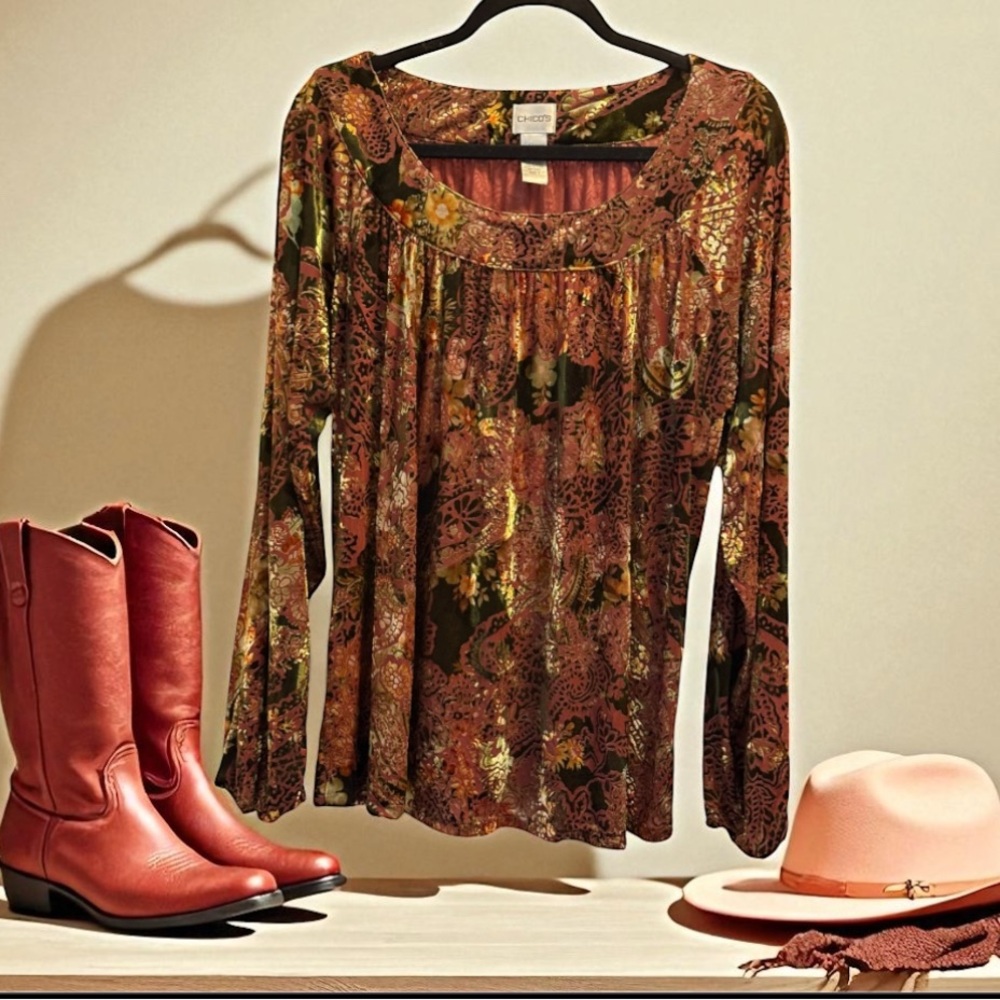 Chico’s-Fall Colors/Velvet Floral Long Sleeve Top. 🎃 🍂🍁 - Picture 4 of 7